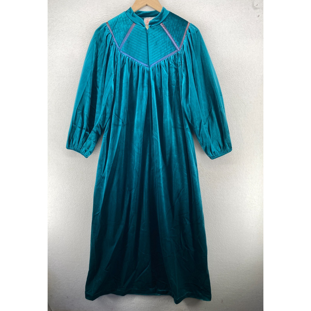 LOUISA Nightgown M Velvet Velour House Coat Robe Half Zip VTG Blue USA